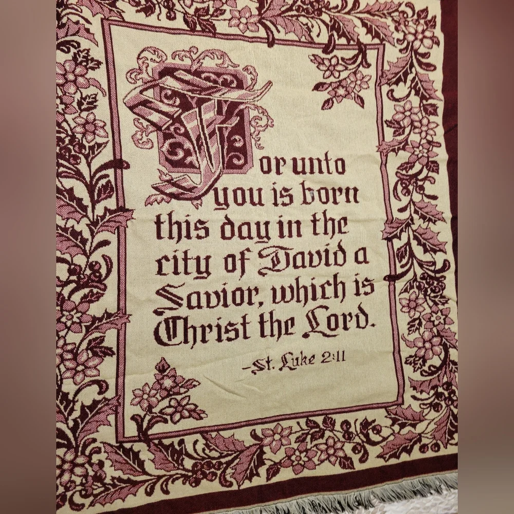 St Luke 2:11 Christmas Throw Blanket Burgandy Cream Religious 54